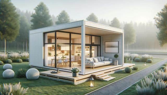 Modern small house with large windows, surrounded by grass and trees, featuring a cozy patio.