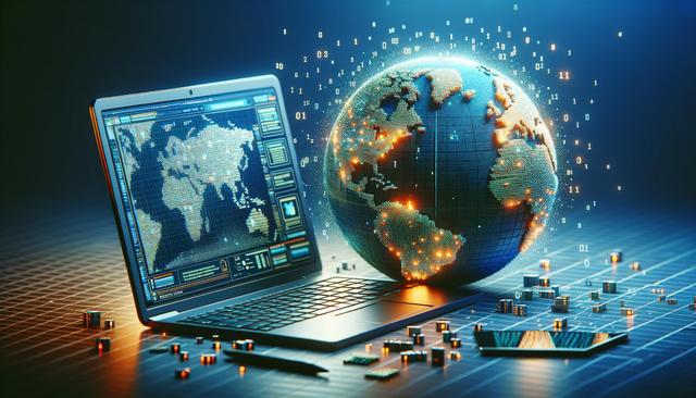 A laptop displaying a digital world map beside a glowing globe with binary numbers floating around.