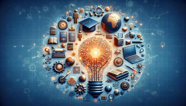 A light bulb composed of educational and technological icons, symbolizing learning and innovation.