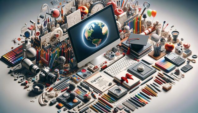A computer screen displaying Earth surrounded by art supplies, gadgets, and a diploma, symbolizing learning and creativity.
