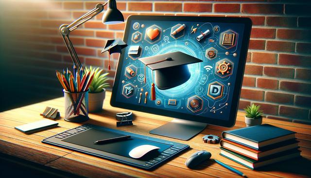A desk with a computer screen displaying a graduation cap and digital icons, surrounded by books, pencils, and a lamp.