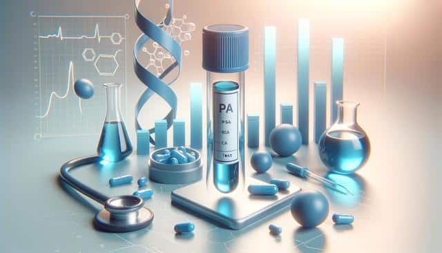 A medical-themed image with a test tube, stethoscope, pills, and flasks, featuring a DNA strand and graph lines in the background.