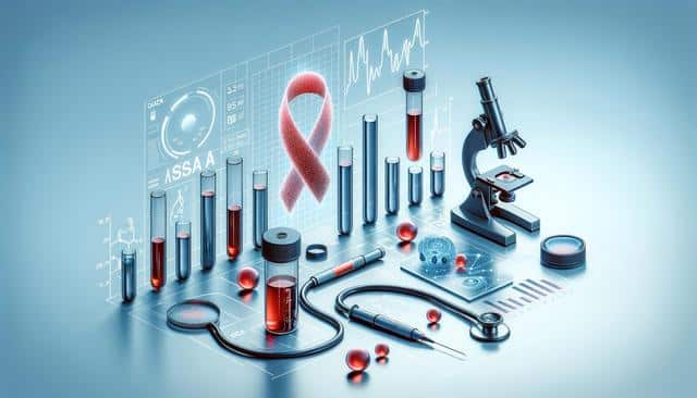 Medical research scene with a microscope, test tubes with red liquid, a stethoscope, and a syringe, featuring a red ribbon.