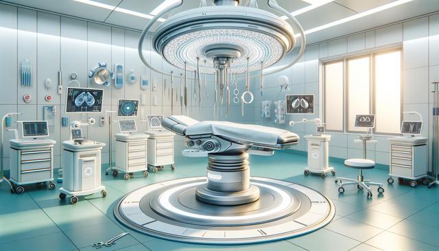 Futuristic operating room with advanced equipment and a central surgical table.