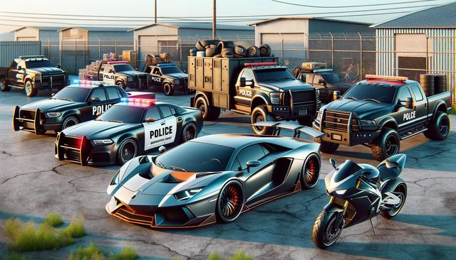 A lineup of police vehicles includes cars, trucks, an armored vehicle, a sports car, and a motorcycle, parked near warehouses.