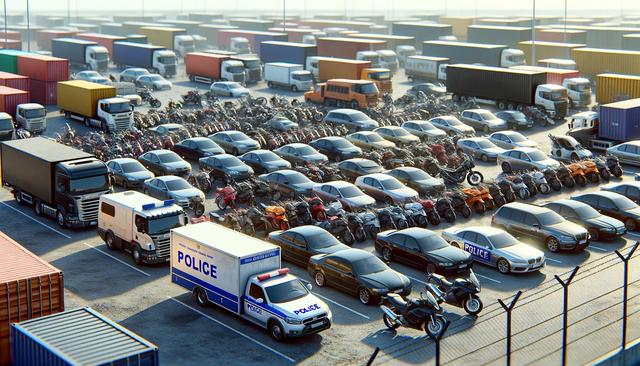 Aerial view of a crowded parking lot with cars, motorcycles, trucks, police vehicles, and shipping containers.