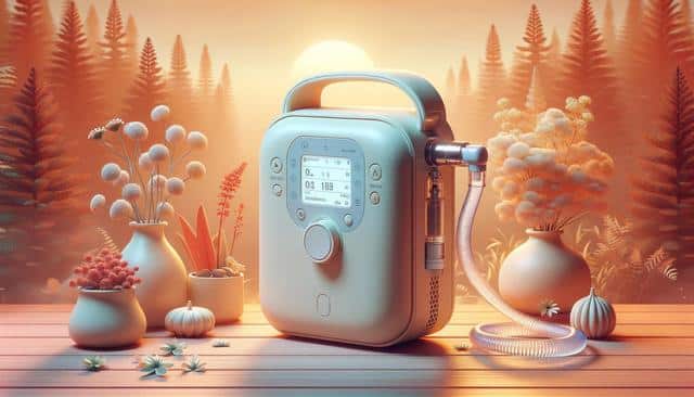 A white medical device with a digital display is on a table surrounded by vases with plants, set against a forest and sunset background.