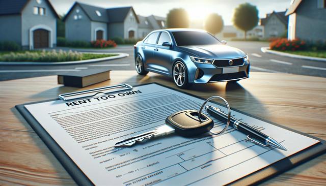 A blue car parked in a suburban area, with a "Rent to Own" contract, a car key, and a pen on a table in the foreground.