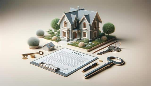 A model house with surrounding trees, a contract, keys, coins, and a pen are artfully arranged on a tabletop.