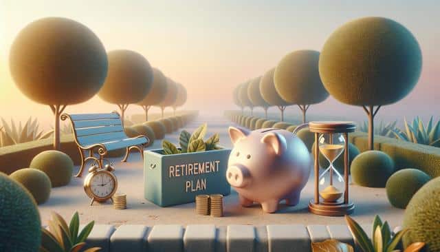 A piggy bank, coins, hourglass, and retirement plan box on a path with neatly trimmed trees and bench.