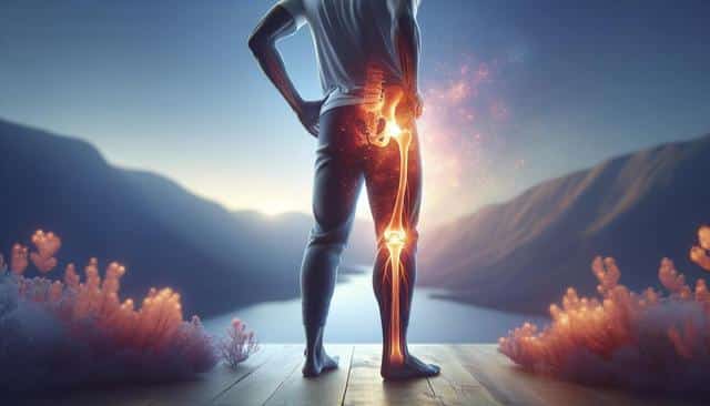 A person with a glowing skeleton in their leg stands on a balcony overlooking a scenic landscape.