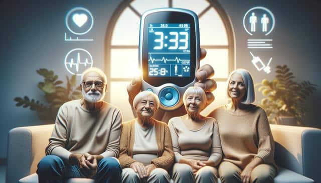 Elderly people sitting on a couch, with a large glucose meter showing 3:33 and health icons in the background.