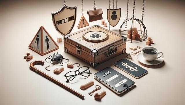 A wooden box surrounded by security symbols, a walking cane, phone, glasses, coins, and a cup of coffee.