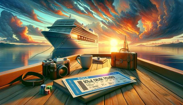 Cruise ship at sunset with a camera, travel ticket, and luggage on a wooden deck.