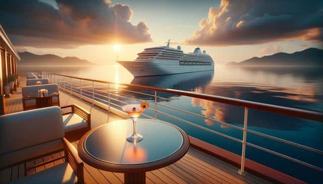 Cruise ship at sunset with a cocktail on a deck table, surrounded by calm water and distant mountains.