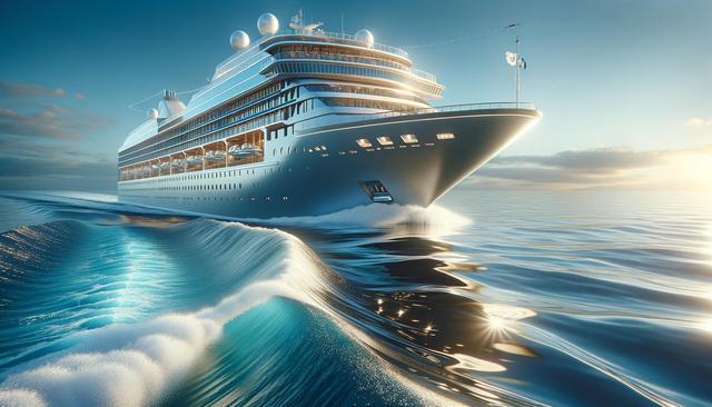 Cruise ship sailing on calm ocean waves at sunset.