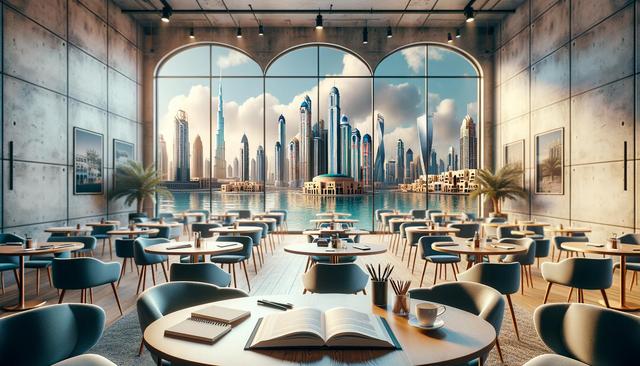 Modern cafe interior with round tables and blue chairs, a large window showcases a futuristic city skyline reflected on water.