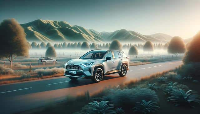 Silver SUV on a rural road at sunrise, surrounded by mountains and trees.