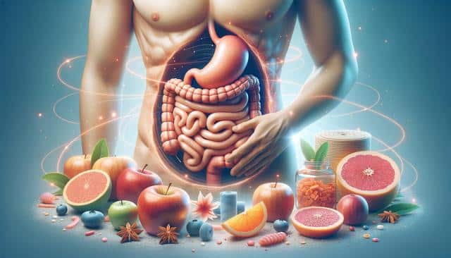 A muscular torso with visible digestive organs surrounded by fruits, spices, and supplements.