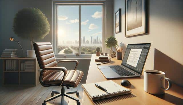 A home office with a desk, laptop, notebook, coffee cup, and chair, overlooking a city skyline through a large window.