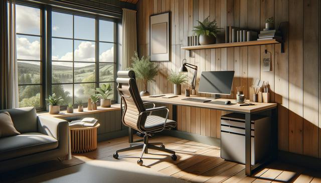 A cozy home office with a wooden desk, ergonomic chair, computer, plants, and large window showing a landscape.