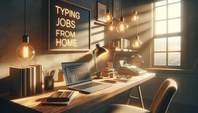 A cozy home office with a laptop, books, and a typewriter on a wooden desk. Sunlight streams through a window, warm lights hang above, with a glowing sign saying "Typing Jobs From Home."