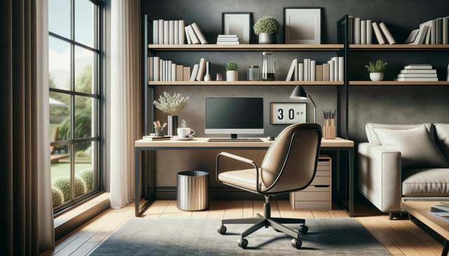 A modern home office with a large window, desk with a computer, bookshelves, and a chair, illuminated by natural light.