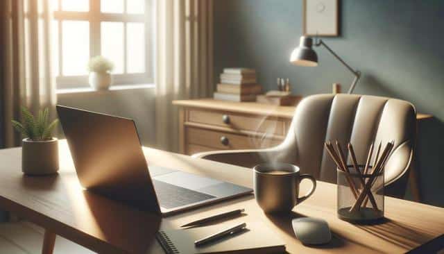 Cozy home office with a laptop, notebook, coffee cup, and pencil holder on a wooden desk, lit by warm sunlight.