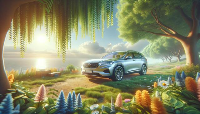 A silver SUV parked on a scenic coastal path, surrounded by colorful flowers and trees, with the sun setting over the ocean.
