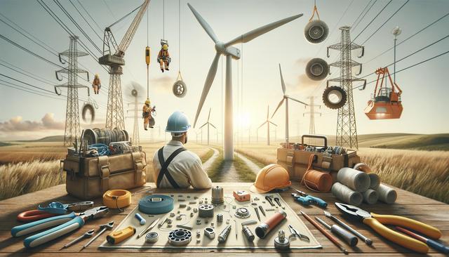 A worker in a hard hat observes a wind turbine field with tools and machinery around him.