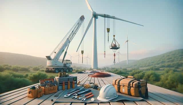 Tools and construction equipment on a platform in front of wind turbines and a crane, set in a hilly landscape.