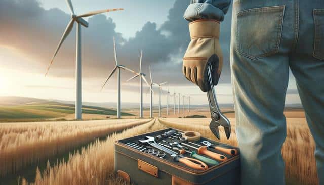 Person in gloves holding a wrench near wind turbines, toolbox open in a field.