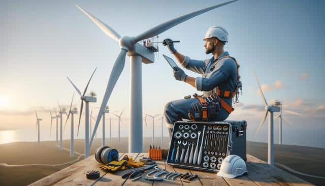 A technician sits atop a wind turbine, using a tablet, surrounded by tools and more turbines in the background.