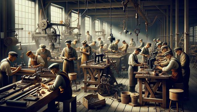 Men in flat caps and work clothes operate machinery in a bustling, vintage workshop.