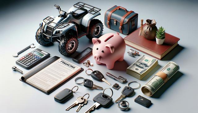 A toy ATV, piggy bank, calculator, contract, money, keys, suitcase, and plant on a surface.