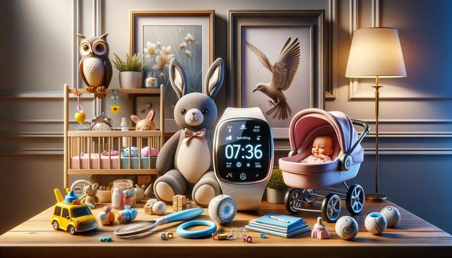 A cozy nursery with a toy bunny, smartwatch showing 07:36, baby in a pink stroller, and assorted toys on a wooden table.