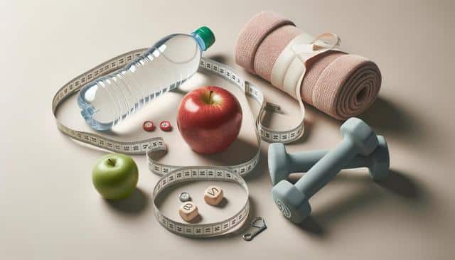Fitness items: water bottle, red and green apples, rolled towel, tape measure, dumbbells, and two dice.