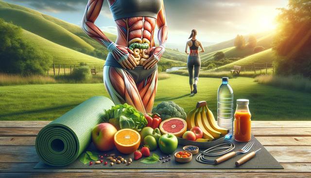 A person with visible muscles and digestive organs stands near healthy foods and a yoga mat, while another jogs in a sunny field.