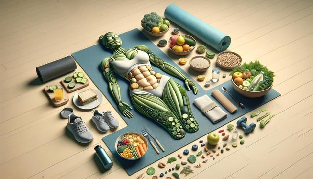A person-shaped figure made from vegetables lies on a yoga mat, surrounded by healthy foods, a yoga mat, dumbbells, a smoothie, and sneakers.