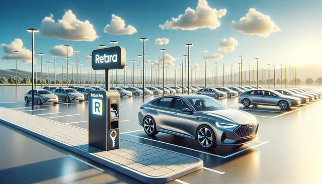 Futuristic parking lot with rows of silver cars and a return key kiosk under a blue sky with clouds.