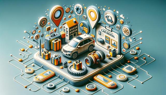 Isometric illustration of a car rental scene, featuring a car, suitcases, key fob, gears, and technology icons.