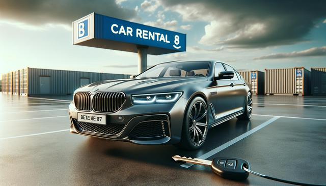 A sleek car parked in front of a "Car Rental" sign with a key fob on the ground.