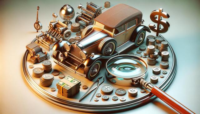 A vintage car surrounded by coins, a magnifying glass, dollar bills, and small objects on a circular surface.