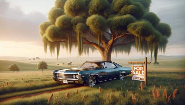A classic car parked under a large tree in a scenic landscape with a "For Sale" sign.