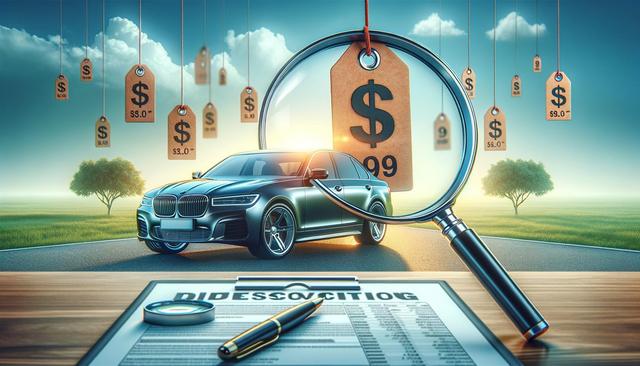 A luxury car on a road with price tags floating around, some magnified by a lens.