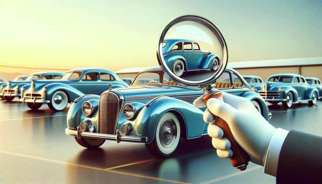 A vintage blue car is seen through a magnifying glass held by a gloved hand, with more cars in the background.