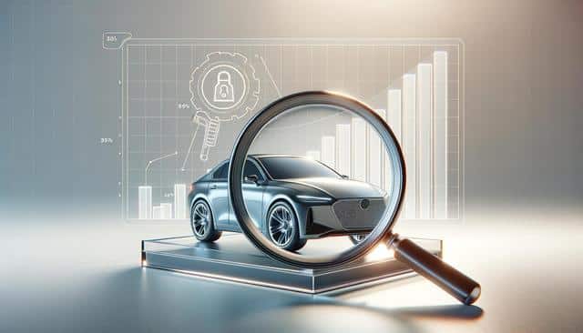A sleek car under a magnifying glass, with digital graphs and a padlock symbol in the background.