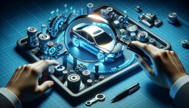 Futuristic scene with hands using tools and a magnifying glass to examine a car model surrounded by mechanical gears and components.
