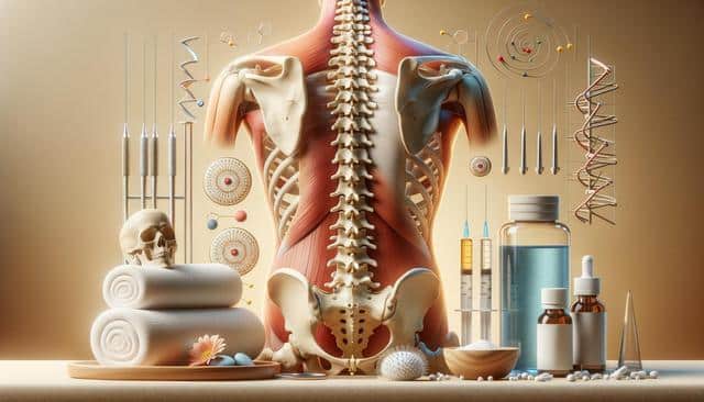 Human spine with muscles, medical tools, a skull, towels, syringes, medicine bottles, and a DNA helix against a beige background.