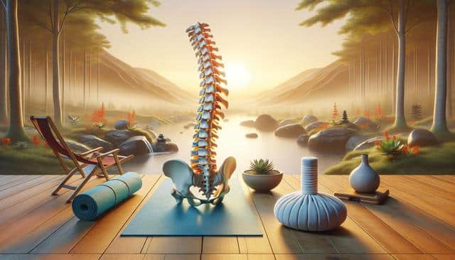A human spine sculpture on a yoga mat by a serene lakeside at sunset, surrounded by trees, rocks, and succulents.